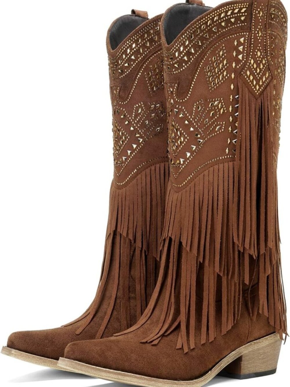 Knee High Western Fringe Cowboy Boots for Women - Rhinestone Chunky Heel